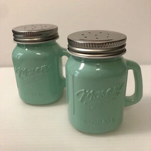 Set of 2 4oz. Salt & Pepper Teal Glass Mason Jar Shakers w/ Lids & Handles